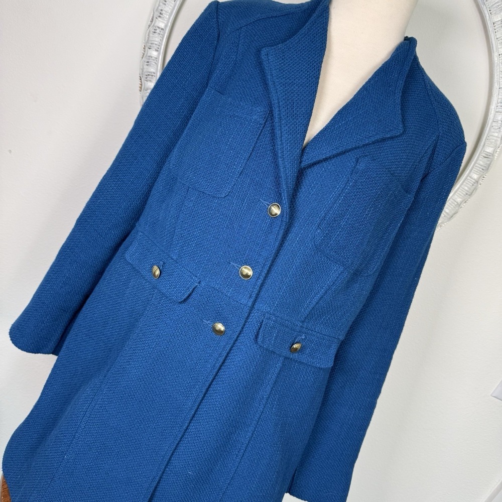 CHICO'S Women's $189 Size 2 Large Blue Lined Peacoat Pockets Gold Buttons Tweed